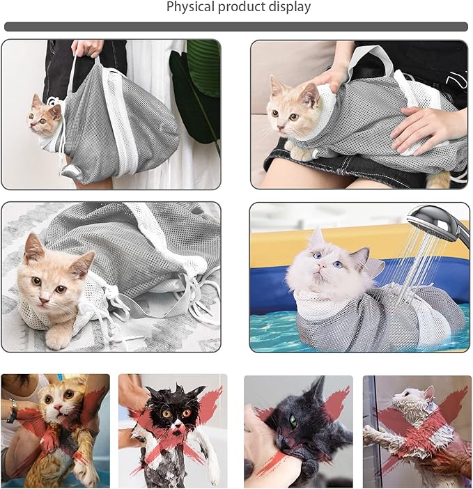8 Piece Cat Grooming Supplies ,Adjustable Multifunctional Anti-Bite Shower net Bag,Cat Claw Covers,Cat Bath Brush and Cat Nail Clipper(Grey-B)