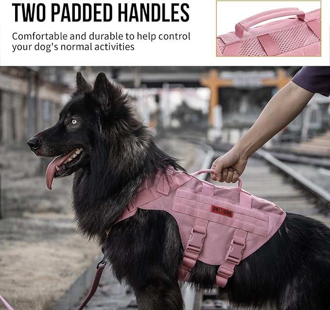 OneTigris Tactical Dog Harness for Small Dogs, No Pull Small Dog Vest Harness with Handles Breathable Military Dogs Molle Vests, Harness for Walking Hiking Training (Pink, XS)