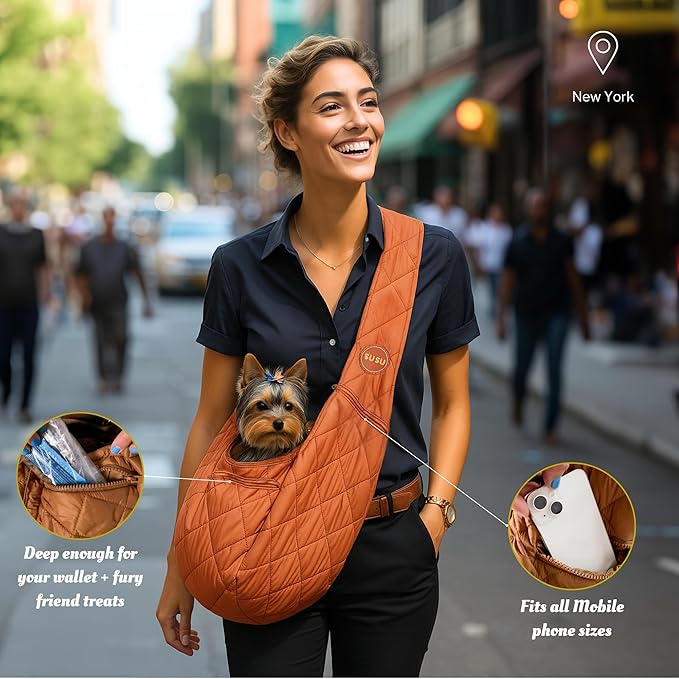 Small Dog Carrier Sling – Copper Brown Hands‑Free 2‑in‑1 Cross‑Body & Handheld Pet Sling for Small Dogs up to 10 lbs, Parachute‑Grade Rip‑Stop Nylon, Padded Strap & Safety Tether