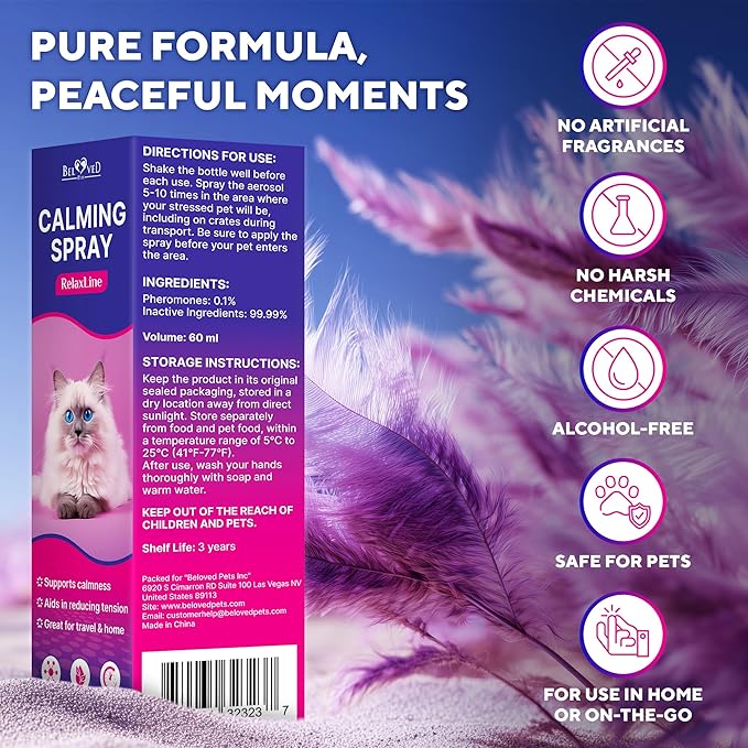 Calming Pheromone Spray & Scratch Repellent for Cats - Reduces Scratching Furniture, Pee - During Travel, Fireworks, Thunder, Vet Zone - Helps with Stress, Fighting, Hiding (100 ml (2 pack))