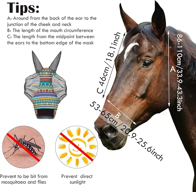 Chunful 6 Pcs Horse Fly Masks with Ears Smooth and Comfortable Cashel Mesh Fly Mask Elasticity Breathability UV Protection Horse Face Covering for Riding Supplies(Geometric,Large)