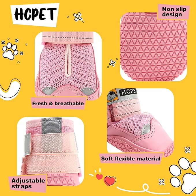 Hcpet Dog Shoes for Large Dogs, Breathable Dog Booties for Small Medium Dogs, Anti-Slip Dog Boots & Paw Protectors for Hot Pavement Winter Snow Hiking with Reflective Straps Pink Size 1