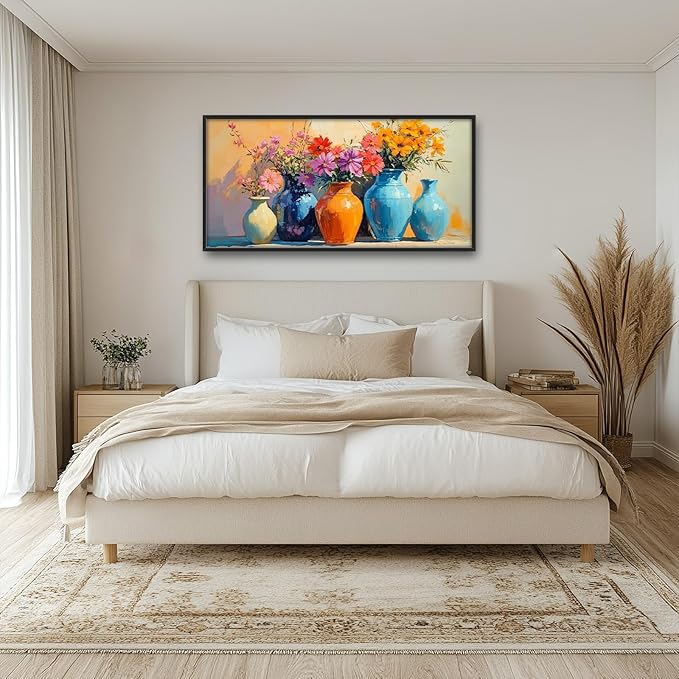 Large Colorful Floral Wall Art for Living Room, Framed Oversized Asian Flower Vase Decor Canvas Painting Sunlight Pictures Modern Artwork for Bathroom Bedroom Office Dining Room 60"x30"
