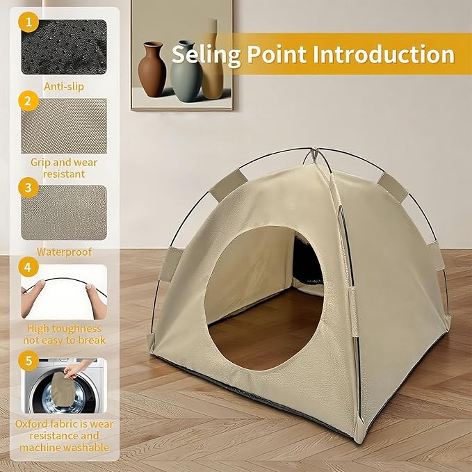 BreezyDen Pop-Up Pet Tent – Portable Hideaway for Cats & Small Dogs, Portable Indoor/Outdoor Pet Tent House with Mesh Window, Waterproof, Breathable, Scratch-Resistant, Fully Washable (Beige,M)