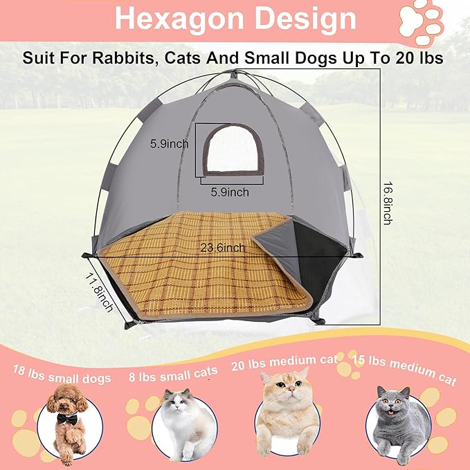 Yanvega Cat Tent Cat Beds for Indoor Cats Pet Supplies, 23.6" × 23.6" × 16.8" Cat Pop Up Tent Collapsible Cat House Cat Cave Outdoor, No Assemble Required High Elastic Frame with Ground Nail (Gray)
