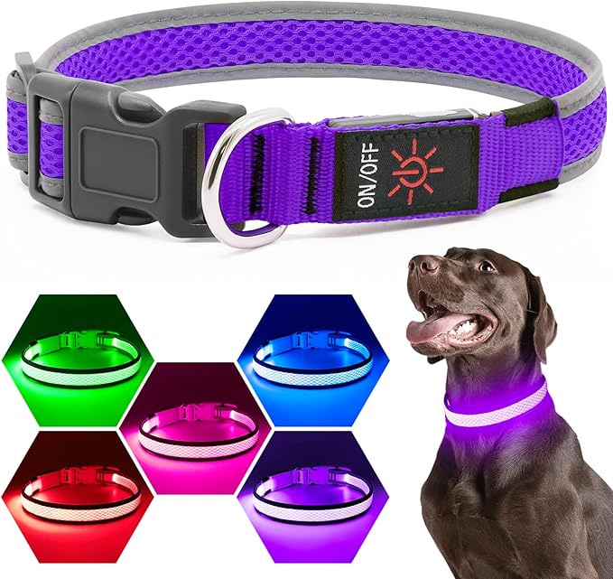 Flashseen LED Dog Collar, USB Rechargeable Light Up Dog Collar Lights, Adjustable Comfortable Soft Mesh Safety Pet Collar for Small, Medium, Large Dogs (Purple, Small)