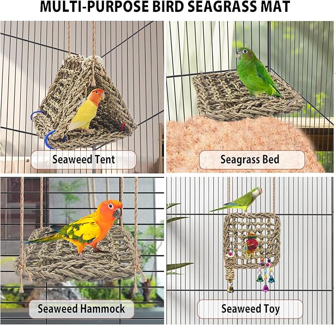 BNOSDM Bird Seagrass Mat, 3 PCS 7.1 x 7.1 Inches Parrot Natural Seagrass Woven Bird Net Hammock Mat, Parakeet Climbing Rope Ladder Chew Toys Hut Hideout for Lovebird Cockatiel Conure Budgie
