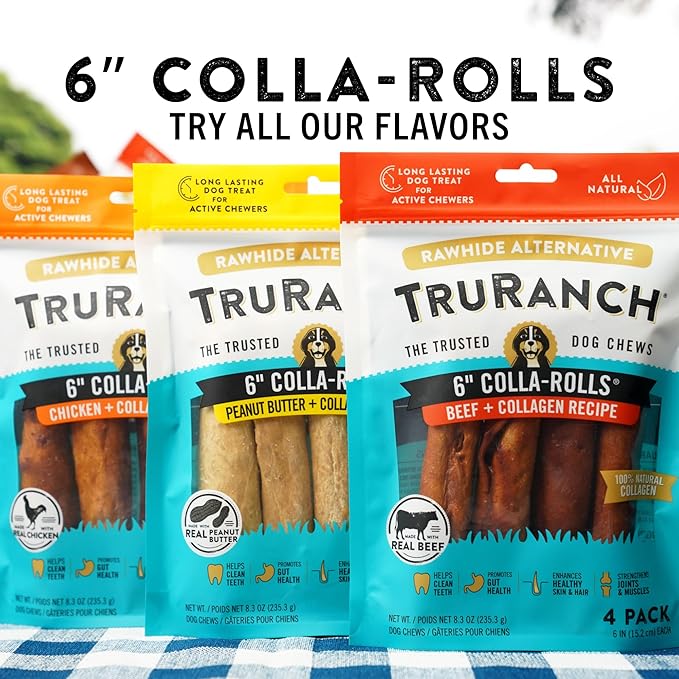 Collagen Rolls - 6" Collagen Rolls for Dogs - Long Lasting Healthy Joint Support Dog Treat - Rawhide Alternative - Skin & Coat Health - Made with Real Chicken, 1 Bag, 4 Count
