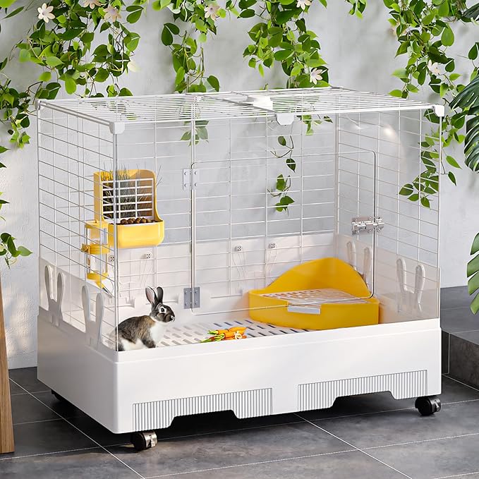 Oneluck Indoor Bunny Cage with Pull-Out Tray,Wheels and Transparent Panel,Rabbit, Guinea Pig, Chinchillas, and Small Animal Condo