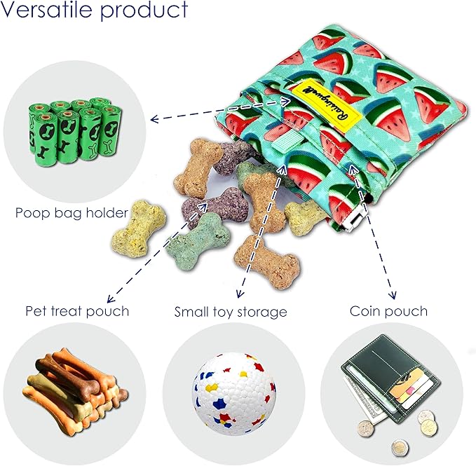 Dog Treat Pouch,Cotton Pocket Sized Training Holder, Hand Free Walking Funny Bag with Carabiner, Self-Closing Pet Feed Snack Reward, Behavior Aids for Puppy Travel or Outdoor Use(Watermelon)
