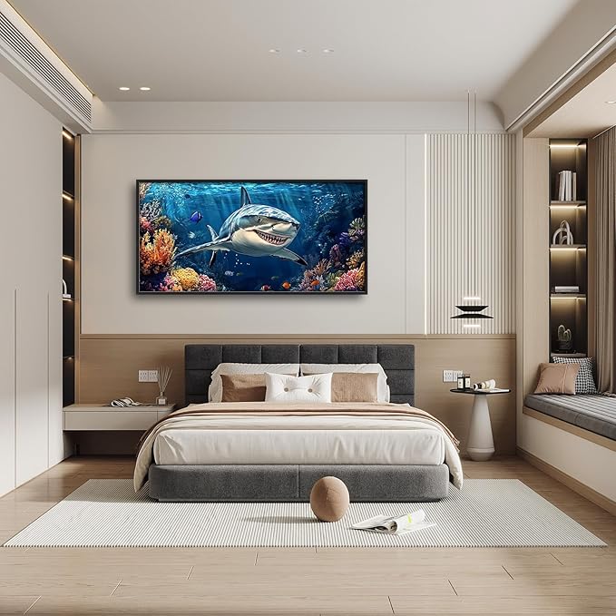Large Ocean Shark Wall Art for Living Room, Framed Oversized Shark Fish Wall Decor Underwater Marine Life Canvas Painting Modern Artwork for Living Room Bathroom Bedroom Office Dining Room 60"x30"