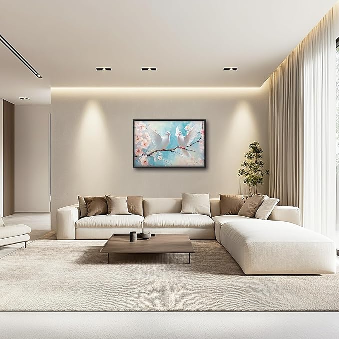 Large White Dove Flower Wall Art for Living Room, Framed Oversized Pigeon Cherry Blossom Wall Decor Nature Canvas Painting Modern Artwork for Living Room Bathroom Bedroom Office Dining Room 36"x24"
