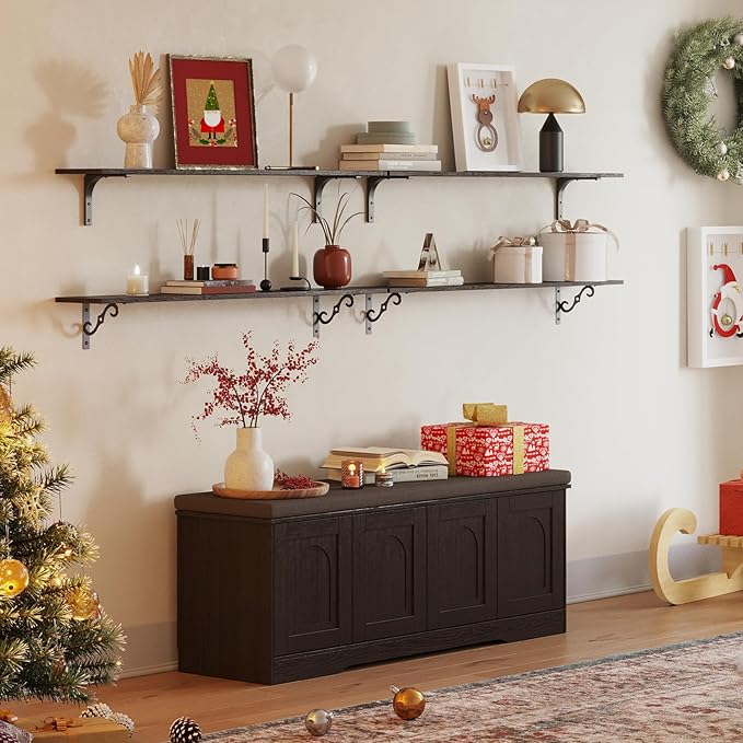 DINZI LVJ Shoe Bench, Entryway Storage Bench with Doors, Cushion, 2-Tier Shoe Rack with 8-Cubby, 47.2”L x 13.8”W Shoe Organizer Cabinet, Adjustable Shelf, Living Room, Bedroom, Espresso