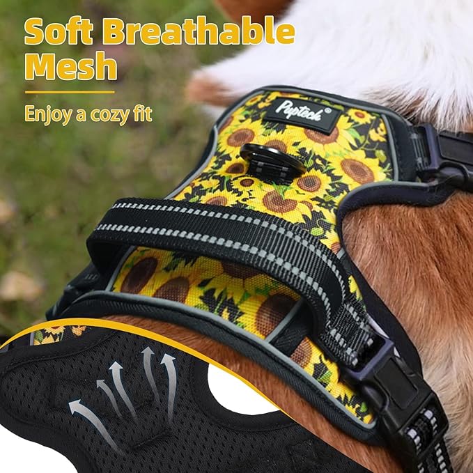PUPTECK No Pull Dog Harness Medium Sized, Adjustable Reflective Dog Harness with Handle Easy Control, Comfortable Soft Padded Pet Vest Harness for Medium Dogs, Sunflower M