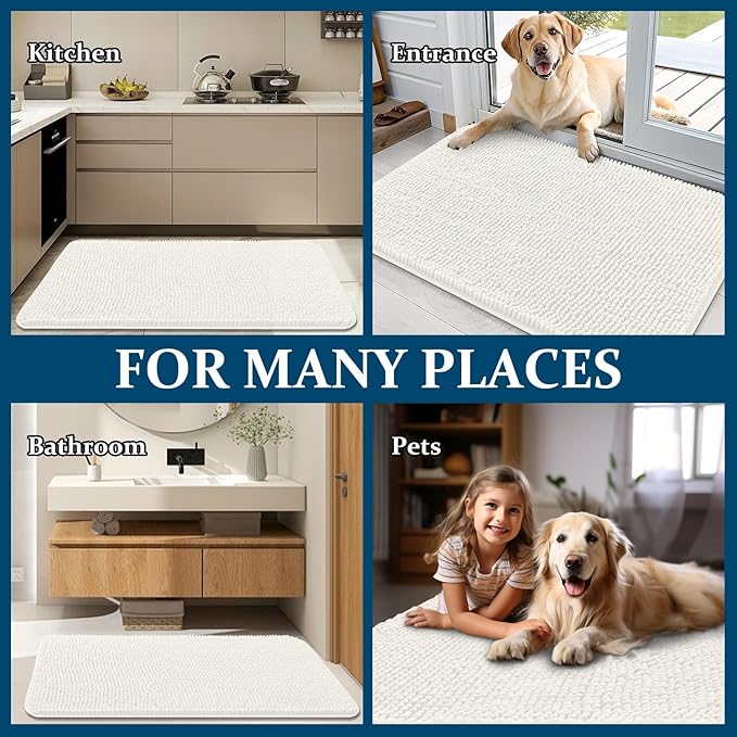 OLANLY Dog Door Mat for Muddy Paws 44x32, Absorbs Moisture and Dirt, Absorbent Non-Slip Washable Doormat, Quick Dry Chenille Mud Mat for Dogs, Entry Indoor Entryway Carpet for Inside Floor, Ivory