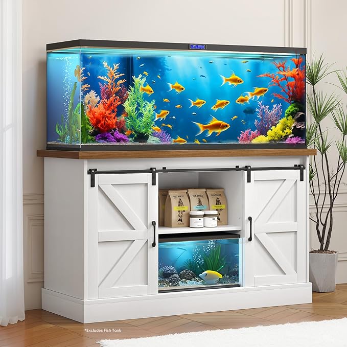 55-75 Gallon Fish Tank Stand with Sliding Barn Doors & Power Outlet, Heavy Duty Aquarium Stand with Cabinet Storage for Fish Tank, Turtle Tank, Reptile Terrarium, 1000LBS Capacity, White