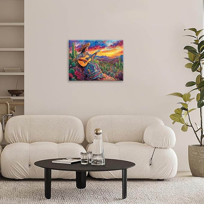 Mexican Women Pictures Wall Art, Cactus Landscape Bathroom Wall Decor, Nature Scenery Aesthetics Framed Painting Desert Modern Canvas Artwork for Bathroom Bedroom Living Room Decorations 24"L x 16"W