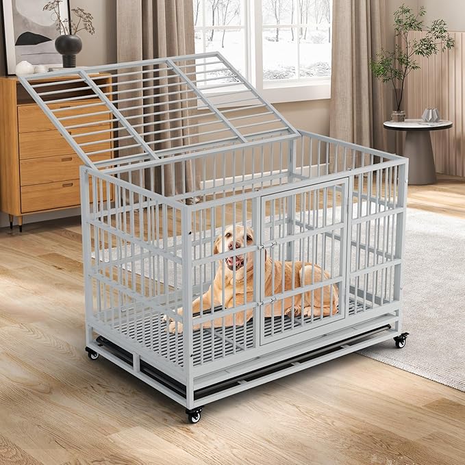 Dog Crate with Removable Tray, 37/42/46 Inch Indestructible and Escape Proof Steel Dog Cage Kennel for High Anxiety Dogs, Heavy Duty Dog Crate with Wheels, Double Door, Extra Large XL XXL