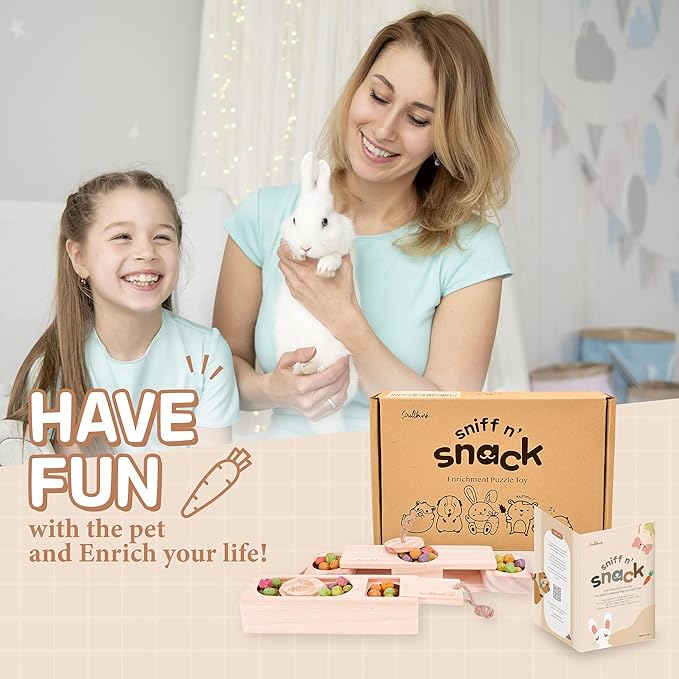 Interactive Wooden Pet Sniff n' Snack Rabbit Chew Toys - Chinchilla & Rabbit Enrichment Toys for Boredom (2 Set)