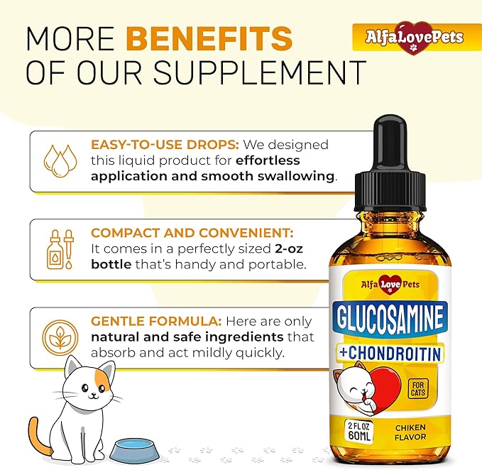 Cat Joint Supplement for All Breeds โ Glucosamine for Cats and Kittens โ Glucosamine, Chondroitin, MSM for Hip & Joint Care โ Natural Ingredients with Chicken Flavor โ 2 Oz