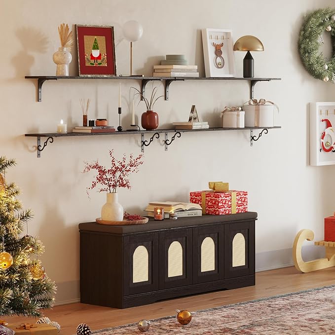 DINZI LVJ Shoe Bench, Entryway Storage Bench with Doors, Cushion, 2-Tier Shoe Rack with 8-Cubby, 47.2”L x 13.8”W Shoe Organizer Cabinet, Adjustable Shelf, Living Room, Bedroom, Espresso with Rattan