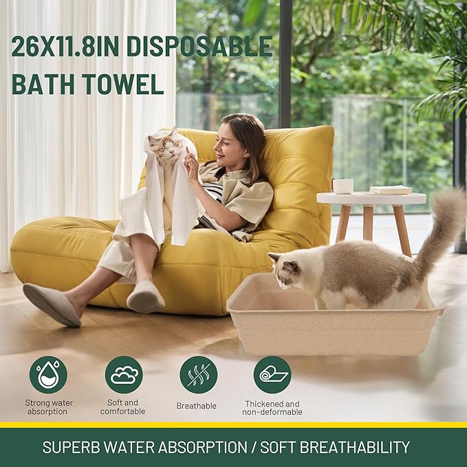 Disposable Litter Boxes for Cats, Low Entry Paper Litter Box, Paper Cat Litter Tray with One-time Pet Bath Towel Set (3PACKS with 1 Towel) for Travel on Weekends or Trips of Short Holidays