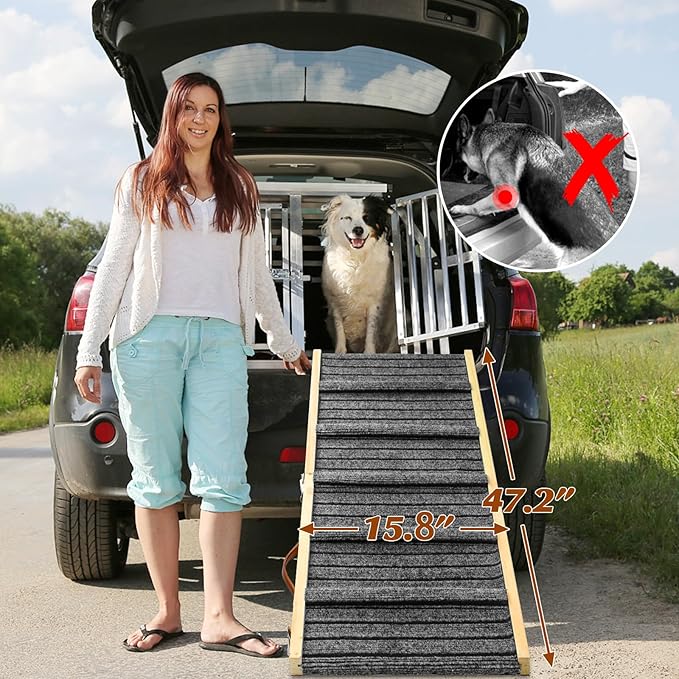 TNELTUEB Large Dog Ramp, 47.2" Long and 15.8" Wide Wooden Folding Portable Pet Ramp, Adjustable from 11.8" to 29.5" with Non-Slip Traction Mat, Dog Ramps for Car, Bed, Couch, Rated for 150 LBS