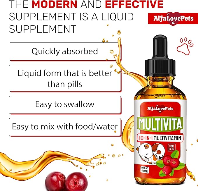 Liquid Multivitamin for Dogs โ Cat Multivitamins for Indoor Cats โ 10-in-1 Liquid Dog Vitamins B Complex, C, D3 โ Digestion, Urination, Hip & Joint, Skin & Coat โ Cranberry Flavor โ 2 Oz