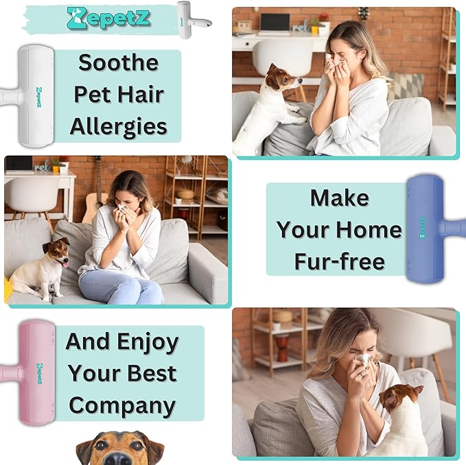 Pet Hair Removal Tool โ Reusable Lint Roller for Dogs & Cats โ Self-Cleaning Fur Remover Brush โ Ergonomic Lint Roller for Carpet, Bedding, Couch, Car Seat & More (Blue)