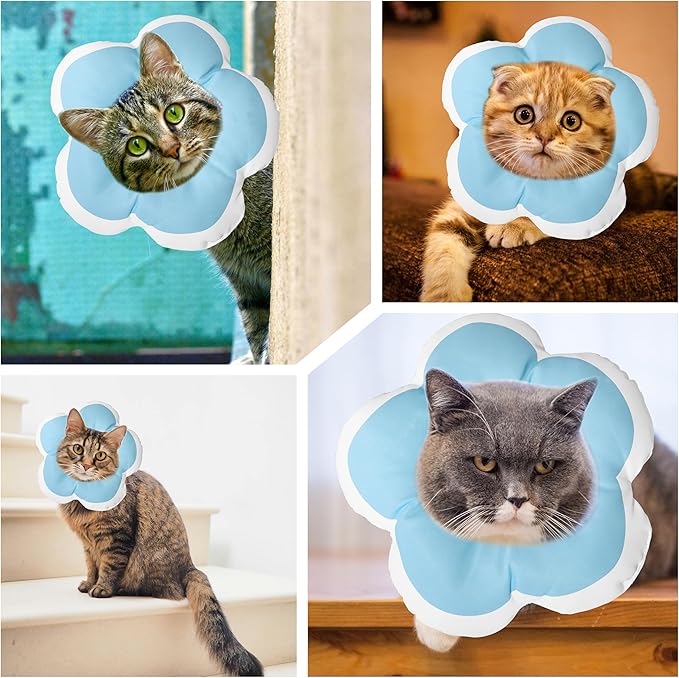 Cat Cone Collar Soft, Waterproof Cats Cones to Stop Licking After Surgery, Adjustable Soft Elizabeth Cats Collars for Wound Healing, Flower Shape Cat Recovery Collar (Blue, X-Small)