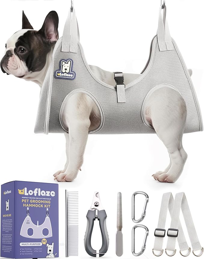 Dog Grooming Hammock Harness for Dogs & Cats with Pet Nail Clipper Trimmer - Cat Hanger Sling for Trimming Clipping Nails- Dog Hammock Restraint Bag for Small Medium Large pet ( Grey M )