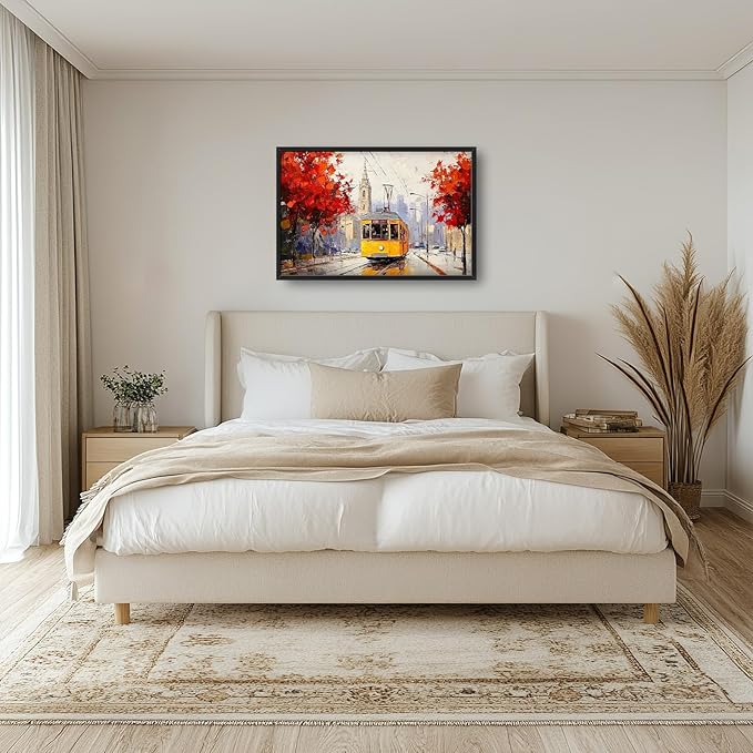 Large Cityscape Wall Art for Living Room, Framed Oversized Urban Tram Wall Decor Tree Landscape Canvas Painting Modern Artwork for Living Room Bathroom Bedroom Office Dining Room 36"x24"