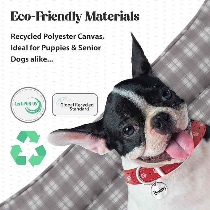 Orthopedic Bolster Dog Bed β CertiPUR-US Foam, Recycled Polyester Canvas, Washable Cover, Anti-Slip Bottom, Medium, Grey Plaid β Stylish Designer Dog Sofa