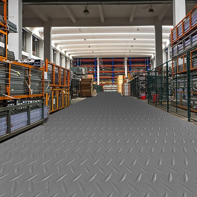 Boshen 7.5Ft x 17Ft Rubber Flooring Mats 2.9mm Thickened Diamond Plate Flooring Roll 127.5sqft Rubber Trailer Garage Floor Mats Non-Slip Floor Protector Mat for Garage Warehouse Gym Basement-Gray