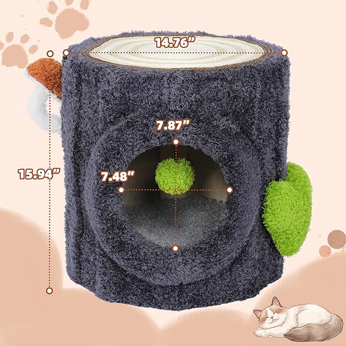 NUNU Cat Tree Tower with Scratch Table & Soft Cushion, Cat Condo Tree Cave for Small Kittens, Cat House with Hanging Ball Toy for Indoor (Grey)