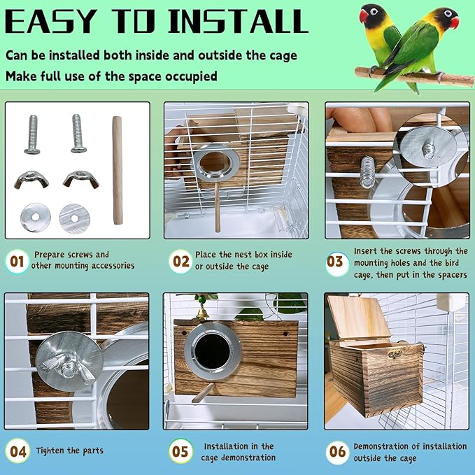 kathson Parrots Nesting Box Parakeet Nest House for Cage Budgie Breeding Hut with Coconut Fiber Bedding Wooden Bird Mating Box for Lovebirds Budgie Conure and Small Medium Parrot Birds