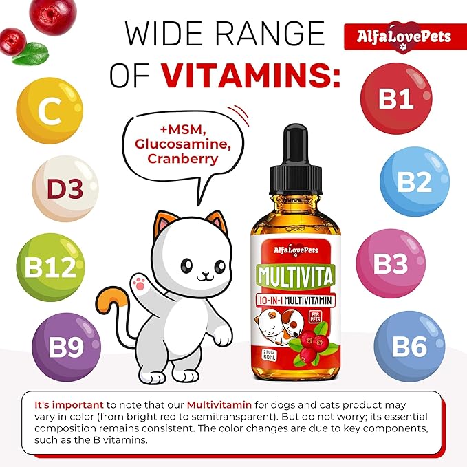 Liquid Multivitamin for Dogs โ Cat Multivitamins for Indoor Cats โ 10-in-1 Liquid Dog Vitamins B Complex, C, D3 โ Digestion, Urination, Hip & Joint, Skin & Coat โ Cranberry Flavor โ 2 Oz