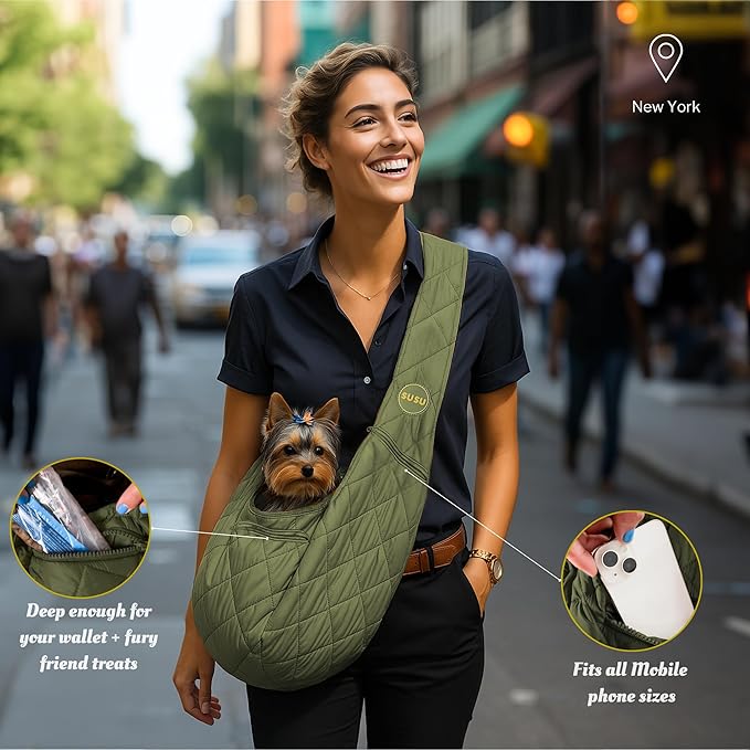 Small Dog Carrier Sling – Olive Green Hands‑Free 2‑in‑1 Sling & Handheld Carrier for Dogs up to 10 lbs, Parachute‑Grade Rip‑Stop Nylon, 4″ Padded Strap, Safety Tether & Pockets