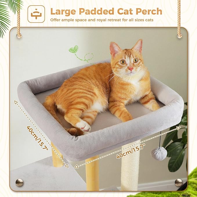 PAWZ Road Large Cat Tree, 53 Inches Modern Wooden Cat Tower for Indoor Cats, Multi-Level Cat Condos with Long Scratching Posts and Natural Wood Posts,Gray