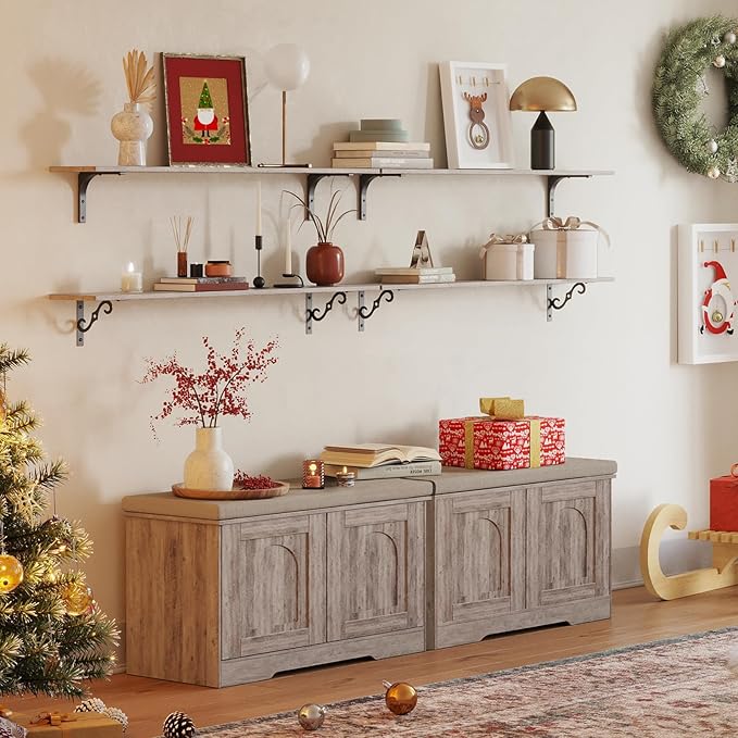 DINZI LVJ Shoe Bench, Entryway Storage Bench with Doors, Cushion, 2-Tier Shoe Rack with 6-Cubby, 31.5”L x 13.8”W Shoe Organizer Cabinet, Adjustable Shelf, Living Room, Bedroom, Greige