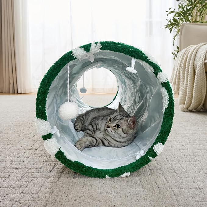 Straight Cat Tunnel for Indoor Cats 47"x12", Cute Cat Toys Collapsible Tunnel Tube with Balls for Puppy Kitten Rabbit, Green Flower