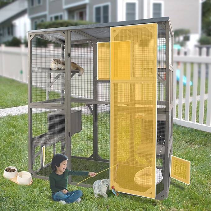 Catio Outdoor Cat Enclosure Large Window Cat House Walk in Kitty Cage with Multi-Level Platforms, Waterproof Roof for Mulitiple Cats (59" L x 29.5" W x 67.7" H)