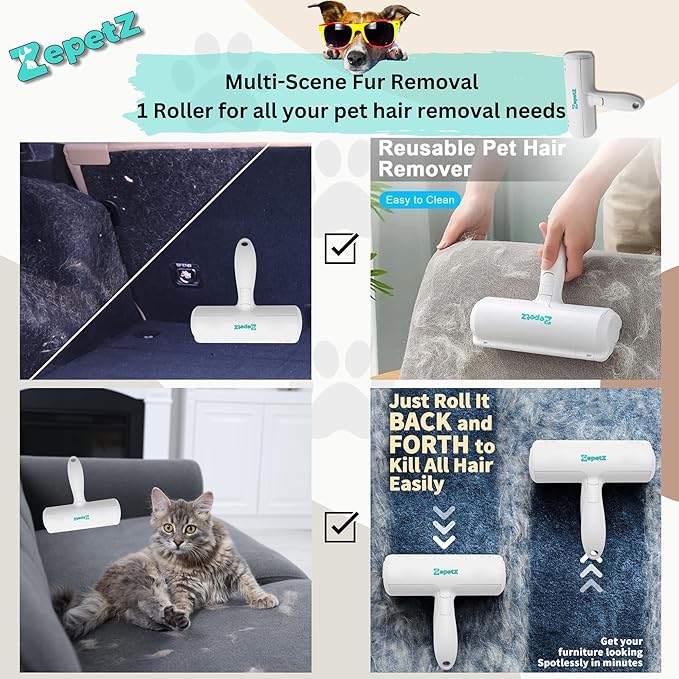 Pet Hair Removal Tool โ Reusable Lint Roller for Dogs & Cats โ Self-Cleaning Fur Remover Brush โ Ergonomic Lint Roller for Carpet, Bedding, Couch, Car Seat & More (White)