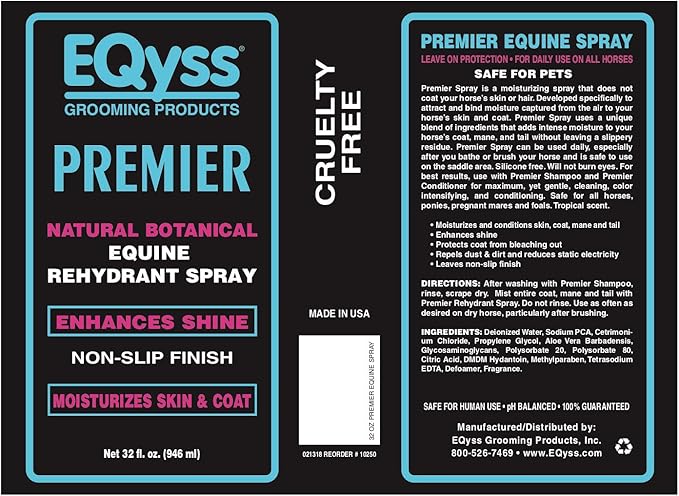 EQyss Premier Equine Horse Spray - Moisturizes Skin and Coat, Enhances Shine and Detangles, Prevents Dry Skin - Non-slip, Repels Dirt, USA-made
