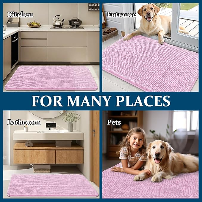 OLANLY Dog Door Mat for Muddy Paws 70x24, Absorbs Moisture and Dirt, Absorbent Non-Slip Washable Doormat, Quick Dry Chenille Mud Mat for Dogs, Entry Indoor Entryway Carpet for Inside Floor, Pink