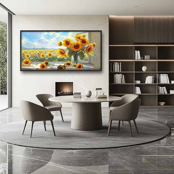 Large Sunflower Wall Art for Living Room, Framed Oversized Flower Field Wall Decor Nature Landscape Canvas Painting Modern Artwork for Living Room Bathroom Bedroom Office Dining Room 60"x30"