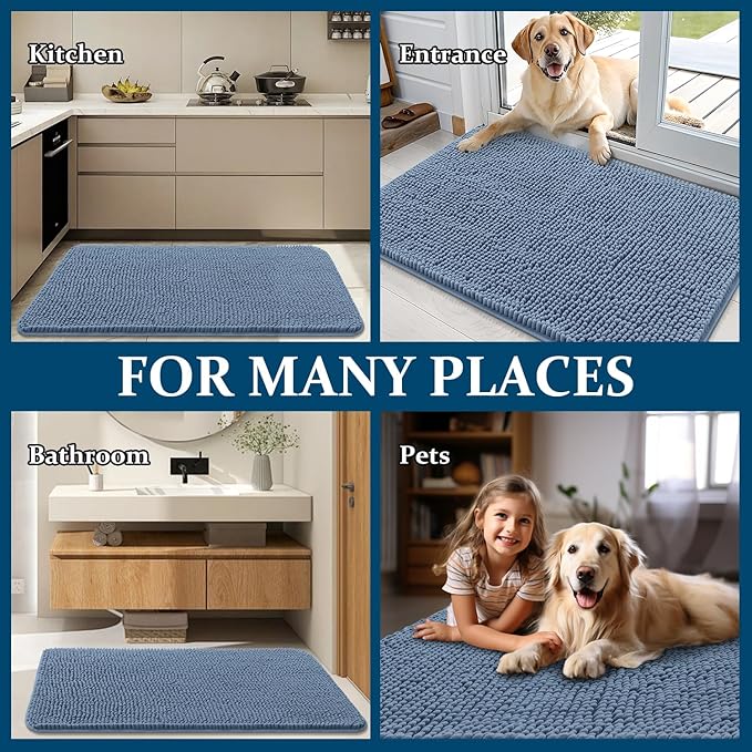 OLANLY Dog Door Mat for Muddy Paws 24x16, Absorbs Moisture and Dirt, Absorbent Non-Slip Washable Doormat, Quick Dry Chenille Mud Mat for Dogs, Entry Indoor Entryway Carpet for Inside Floor, Airy Blue
