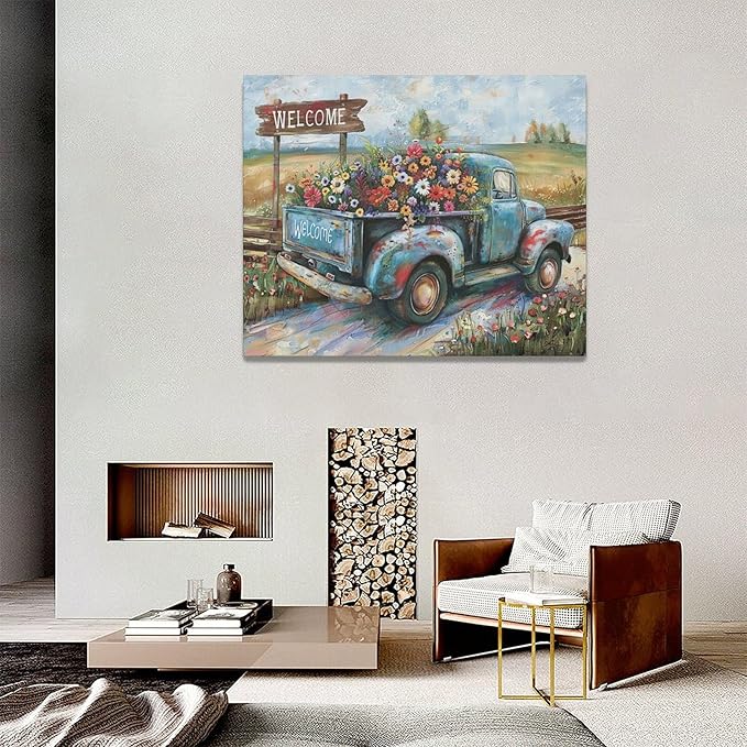Farmhouse Truck Wall Art Rustic Country Wildflowers Wall Decor Road Flowers Landscape Pictures Canvas Print Painting Artwork for Bathroom Living Room Bedroom 16"x20"