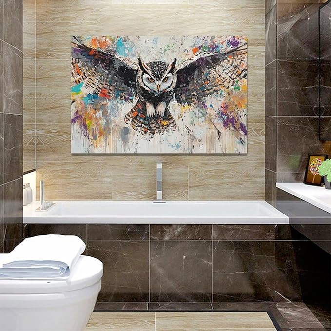 Large Owl Wall Art for Living Room, Framed Oversized Banksy Owl Wall Decor Colorful Wildlife Canvas Painting Animal Pictures Modern Artwork for Living Room Bathroom Bedroom Office Dining Room 60"x30"