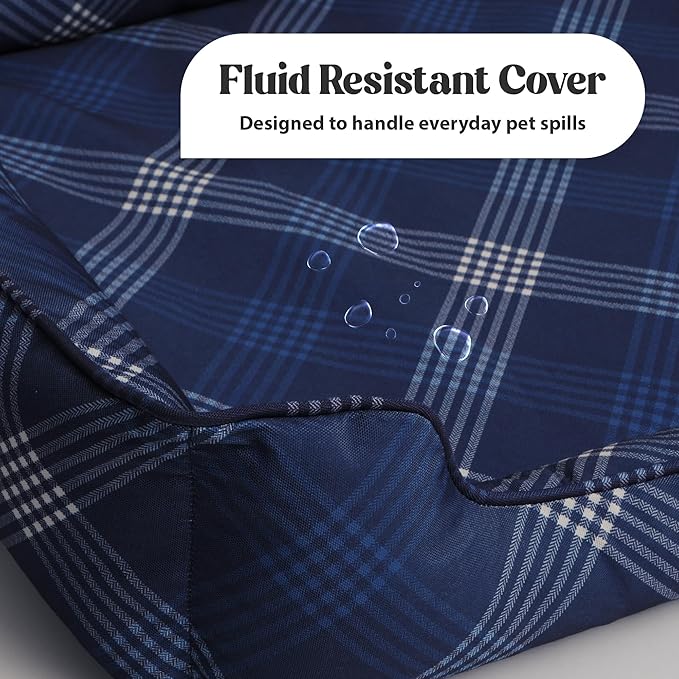 Orthopedic Bolster Dog Bed β CertiPUR-US Foam, Recycled Polyester Canvas, Washable Cover, Anti-Slip Bottom, Medium, Navy Plaid β Stylish Designer Dog Sofa